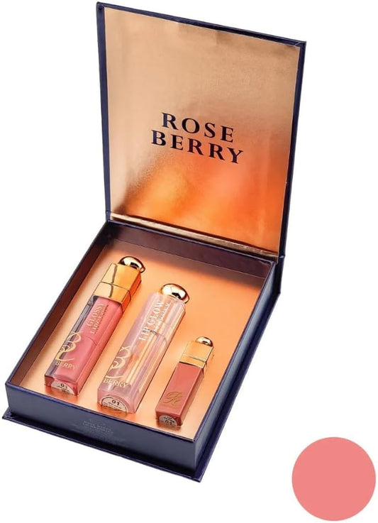 ROSE BERRY 3-Piece Gloss Combo – Natural Glow Essentials for Hydrated, Radiant Look – Includes Gloss, Shine & Glow Finish (Light Coral)
