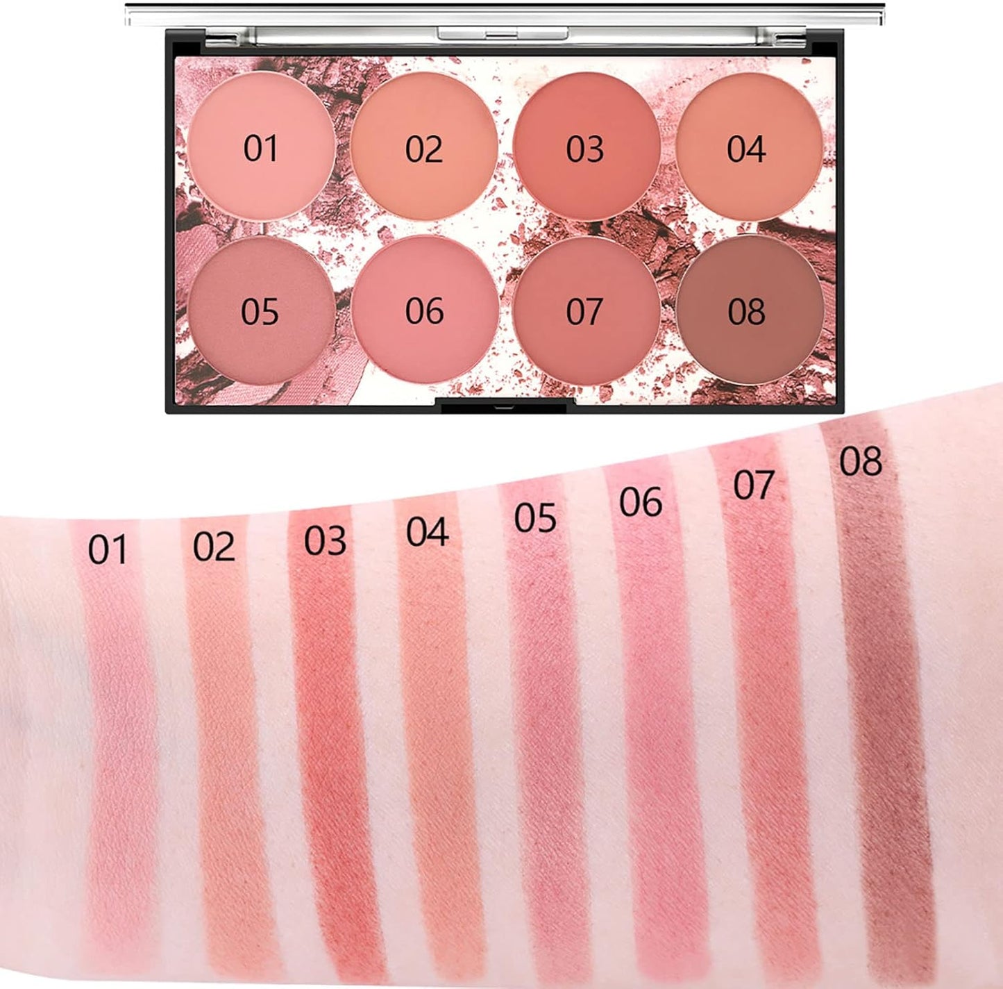 MISS ROSE M 8 Colors Face Blush Palette, Professional Facial Makeup Blusher, Natural and Long Lasting Delicate Contour, Highlight Blush (8 Colors)