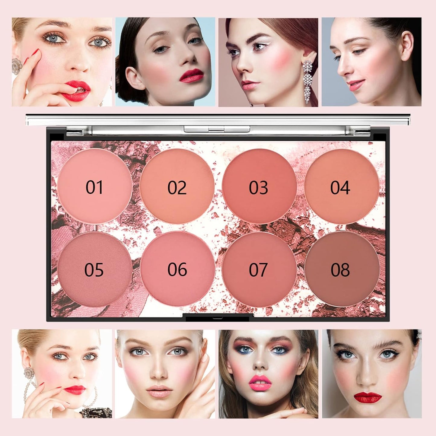 MISS ROSE M 8 Colors Face Blush Palette, Professional Facial Makeup Blusher, Natural and Long Lasting Delicate Contour, Highlight Blush (8 Colors)