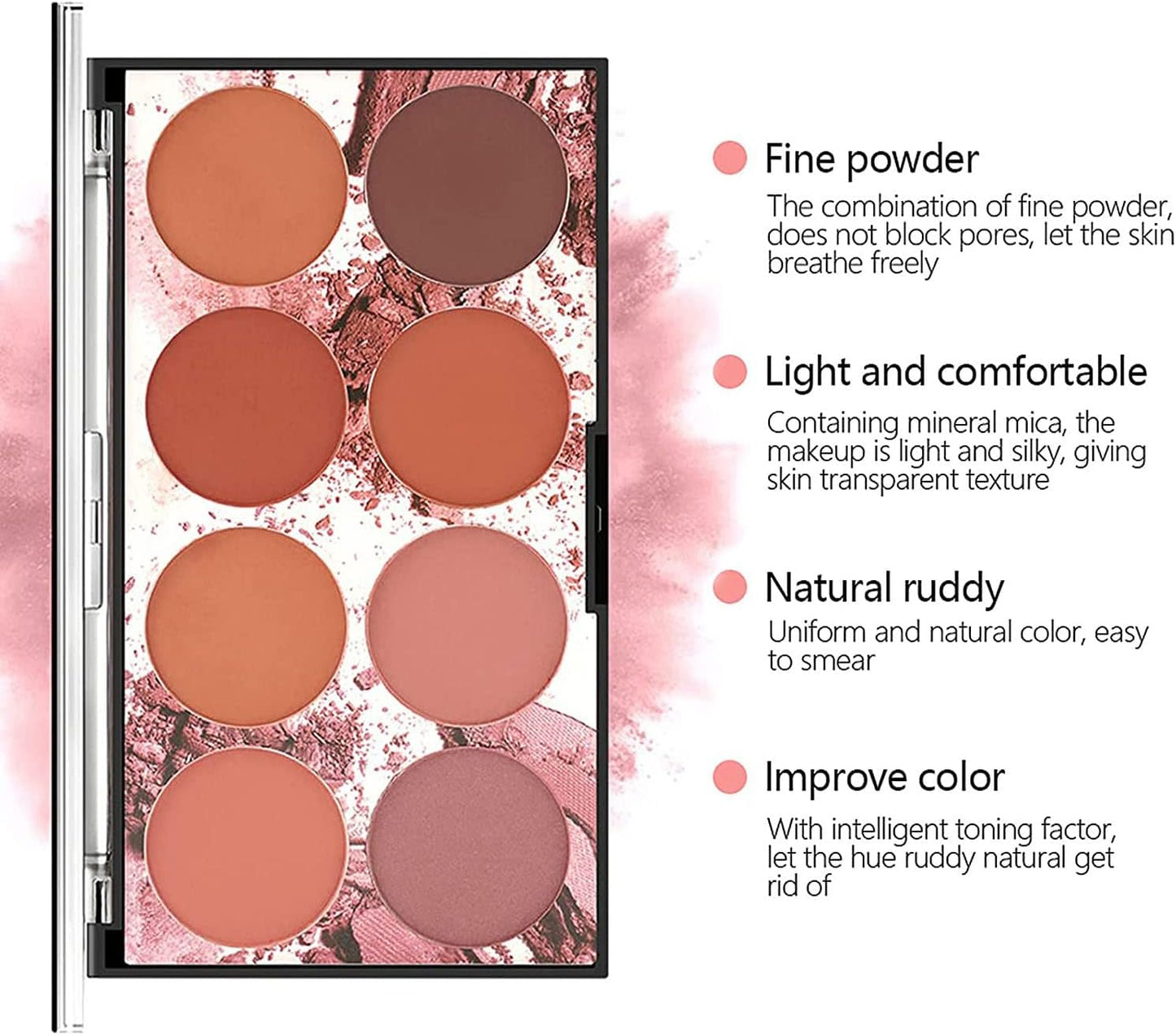 MISS ROSE M 8 Colors Face Blush Palette, Professional Facial Makeup Blusher, Natural and Long Lasting Delicate Contour, Highlight Blush (8 Colors)
