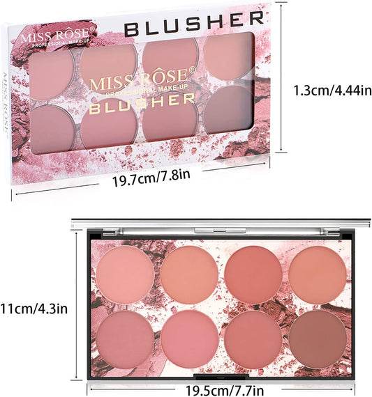 MISS ROSE M 8 Colors Face Blush Palette, Professional Facial Makeup Blusher, Natural and Long Lasting Delicate Contour, Highlight Blush (8 Colors)