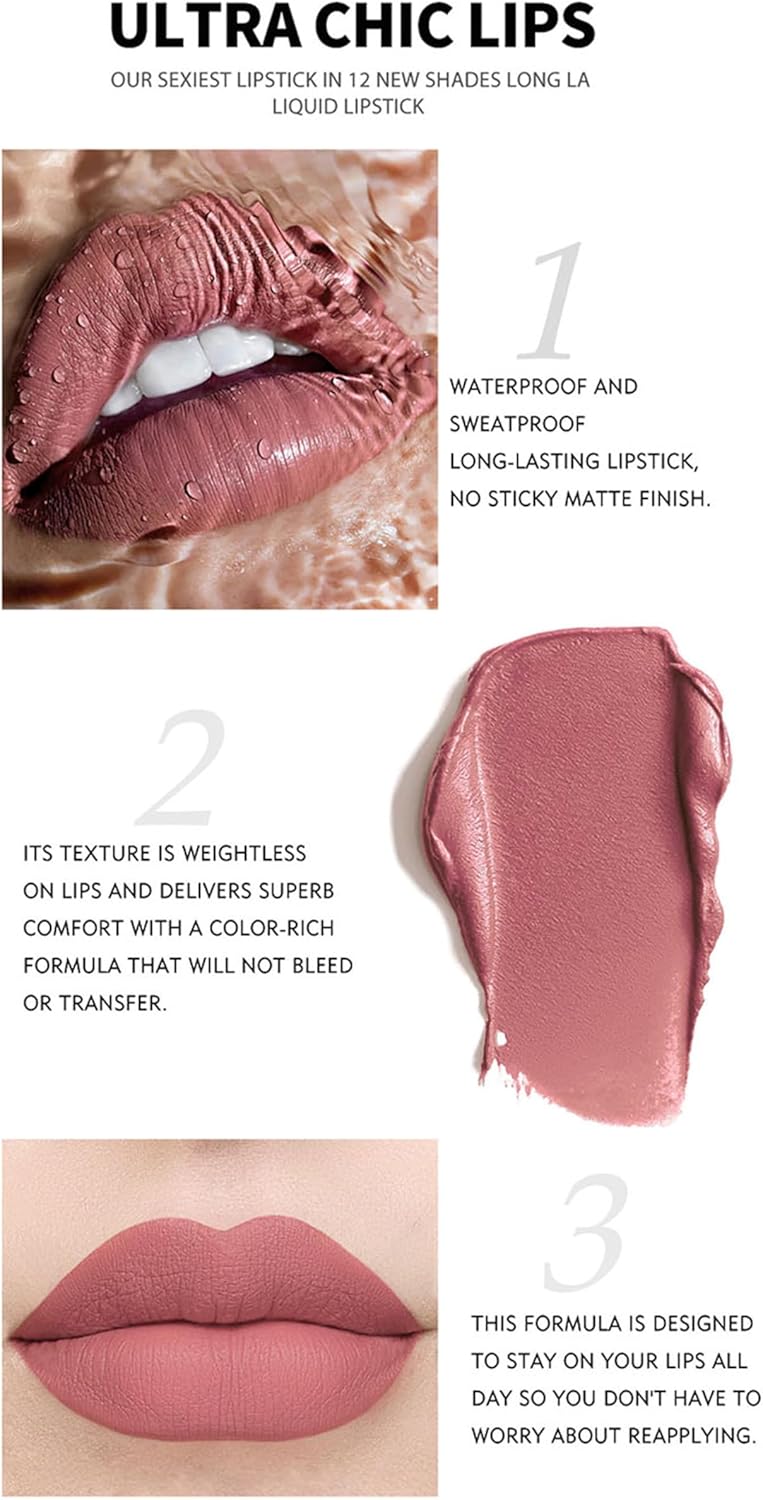 HANDAIYAN Lipstick Set Matte Liquid 12 Colors Long Lasting Waterproof for Women Highly Pigment Velvety Nude Super Stay Soft Hydrating & Lightweight Professional Moisturizing Makeup Lips Gift